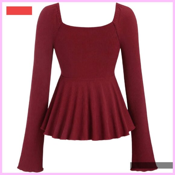 Women's Long Sleeve Peplum Top Sweetheart Neckline Tie Front Babydoll - Picture 2 of 4